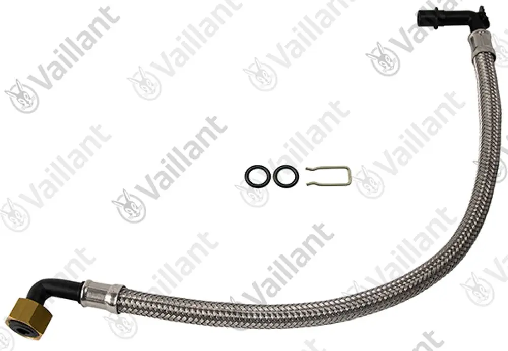 Flexible Rohrleitung mit Anschlussstücken und Dichtungen, hergestellt von Vaillant. Die Leitung ist mit einem Schutzgeflecht versehen.